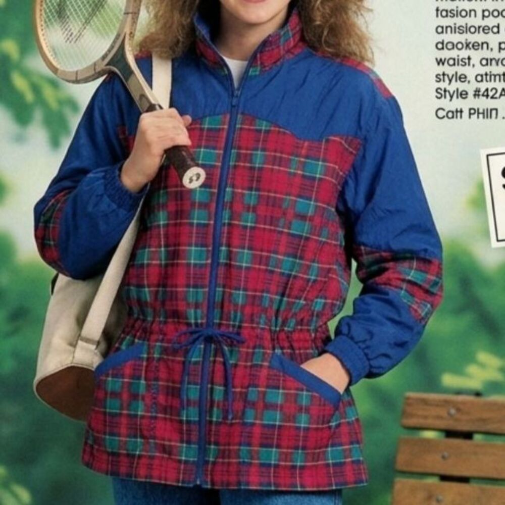 Active Elements For Women Vintage Windbreaker Blue & Red Plaid Jacket 18W